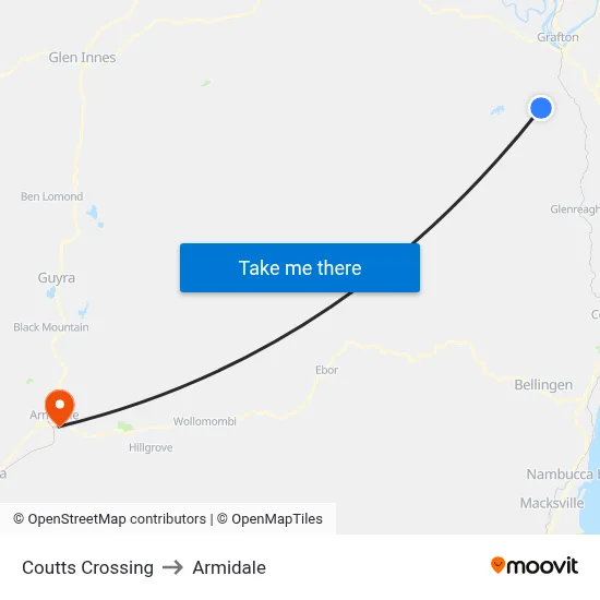 Coutts Crossing to Armidale map