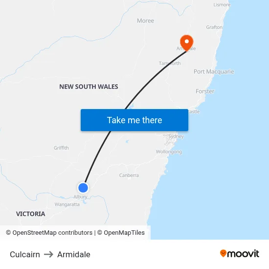 Culcairn to Armidale map