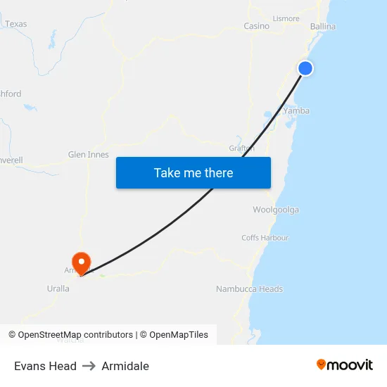 Evans Head to Armidale map