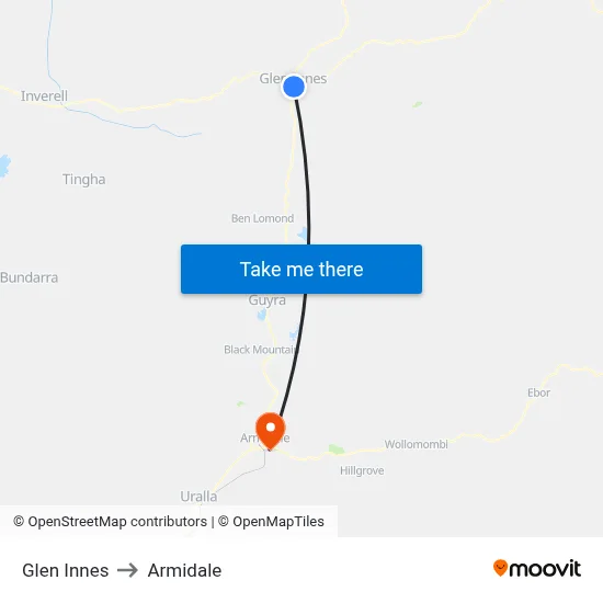 Glen Innes to Armidale map