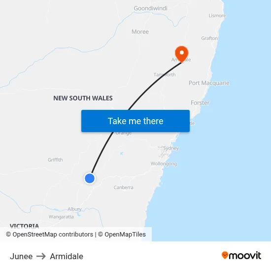 Junee to Armidale map