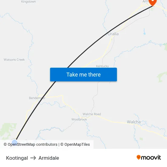 Kootingal to Armidale map