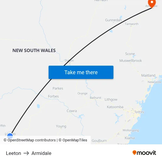 Leeton to Armidale map