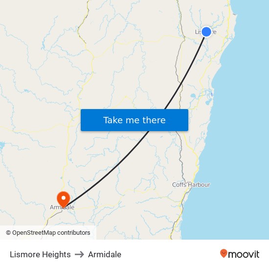 Lismore Heights to Armidale map