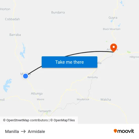 Manilla to Armidale map