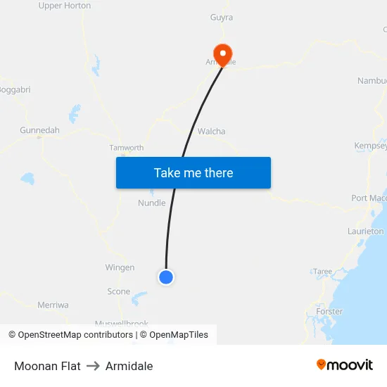 Moonan Flat to Armidale map