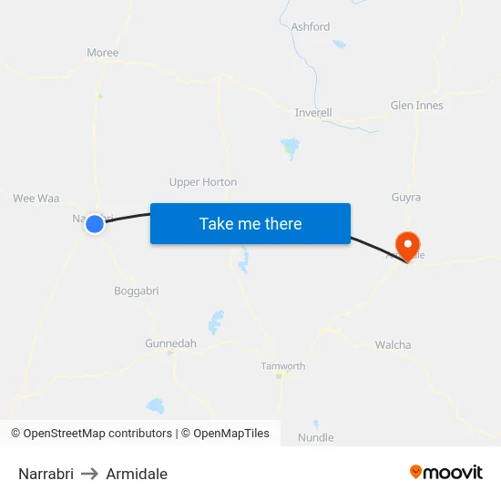 Narrabri to Armidale map