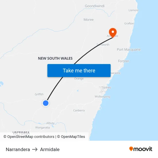 Narrandera to Armidale map