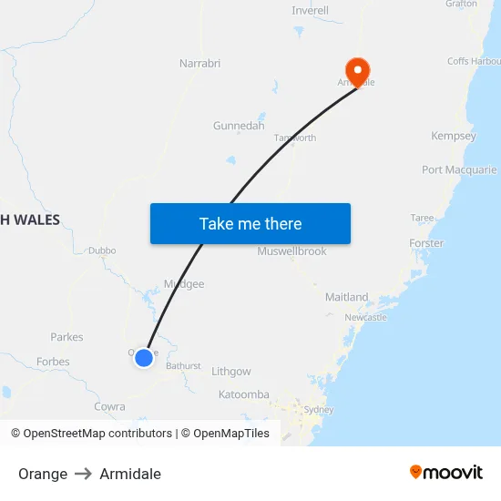 Orange to Armidale map