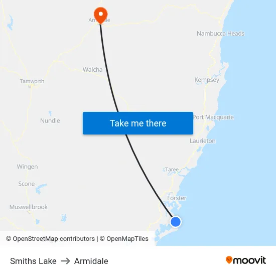 Smiths Lake to Armidale map