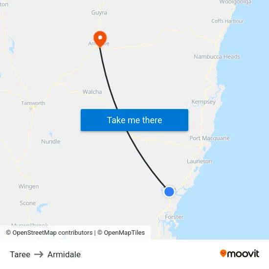 Taree to Armidale map