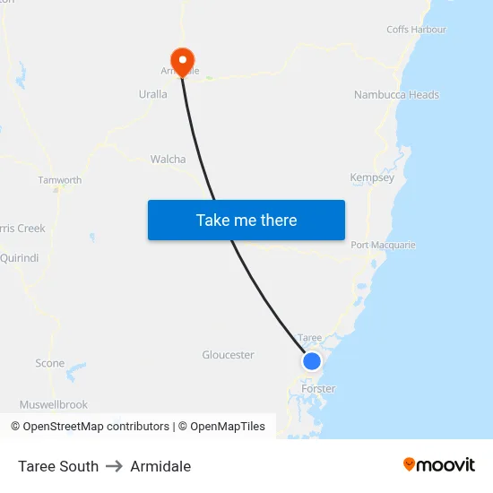 Taree South to Armidale map