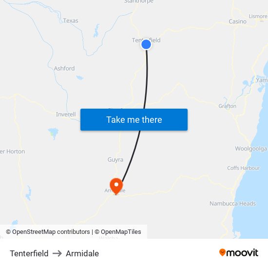 Tenterfield to Armidale map