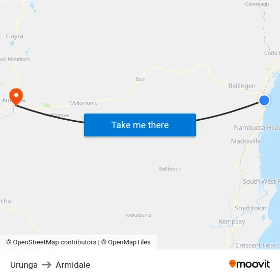 Urunga to Armidale map