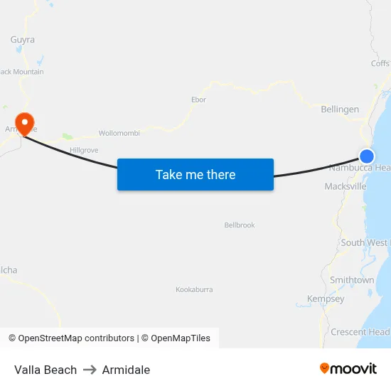 Valla Beach to Armidale map