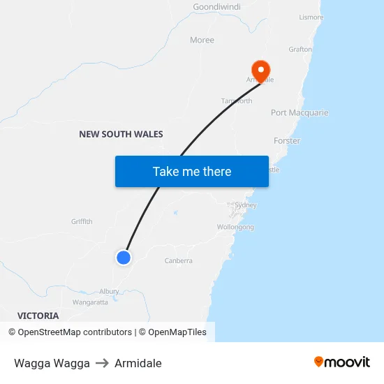 Wagga Wagga to Armidale map