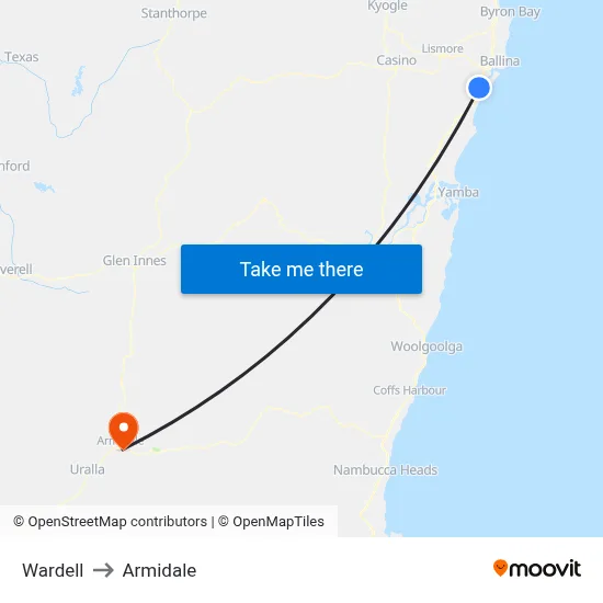 Wardell to Armidale map