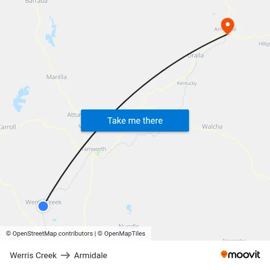 Werris Creek to Armidale map
