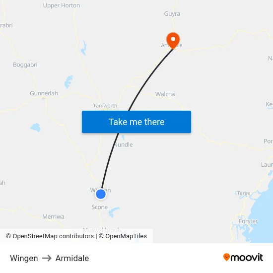 Wingen to Armidale map