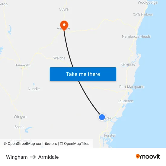 Wingham to Armidale map