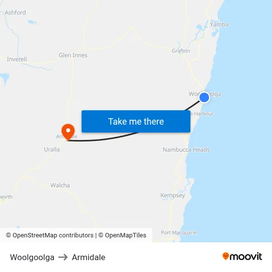 Woolgoolga to Armidale map