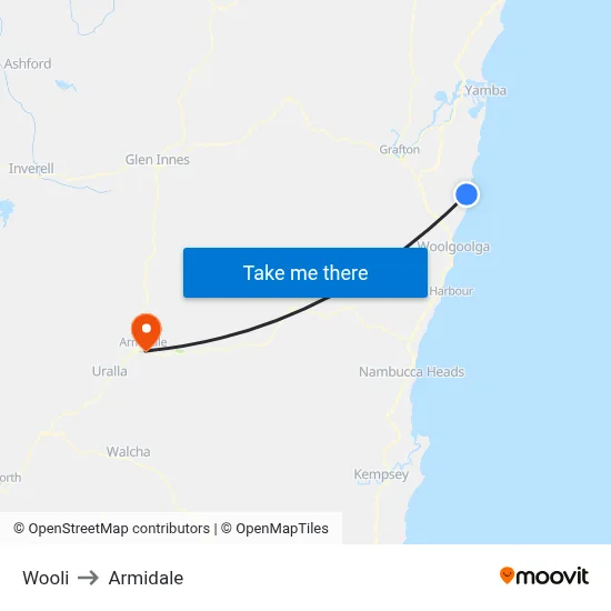 Wooli to Armidale map