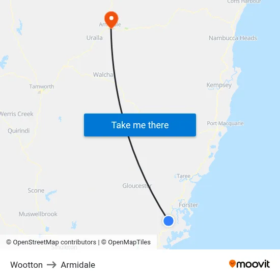 Wootton to Armidale map