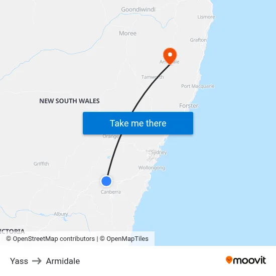 Yass to Armidale map