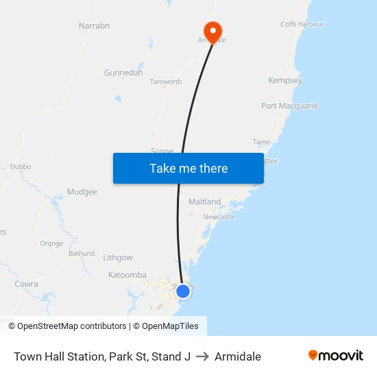 Town Hall Station, Park St, Stand J to Armidale map