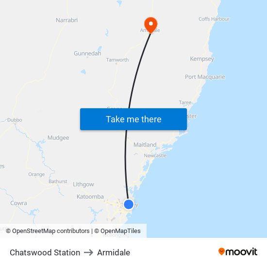 Chatswood Station to Armidale map