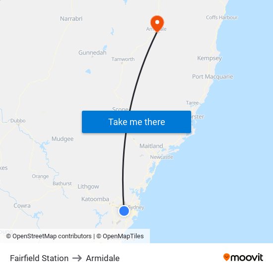 Fairfield Station to Armidale map