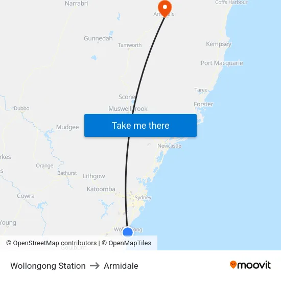 Wollongong Station to Armidale map