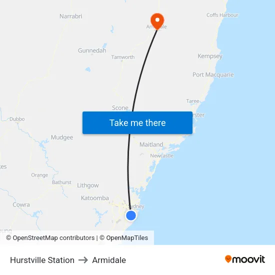 Hurstville Station to Armidale map