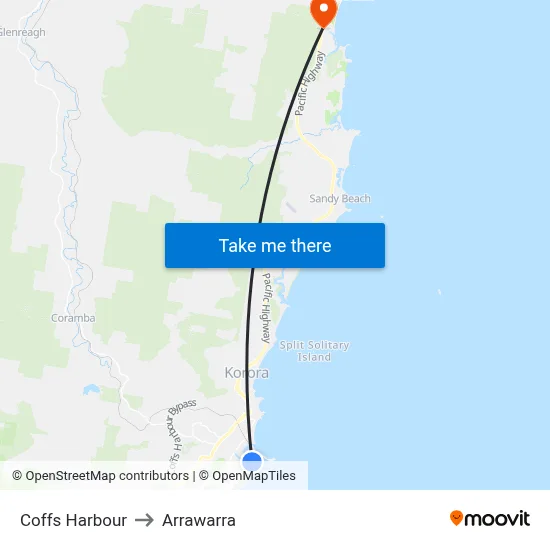 Coffs Harbour to Arrawarra map