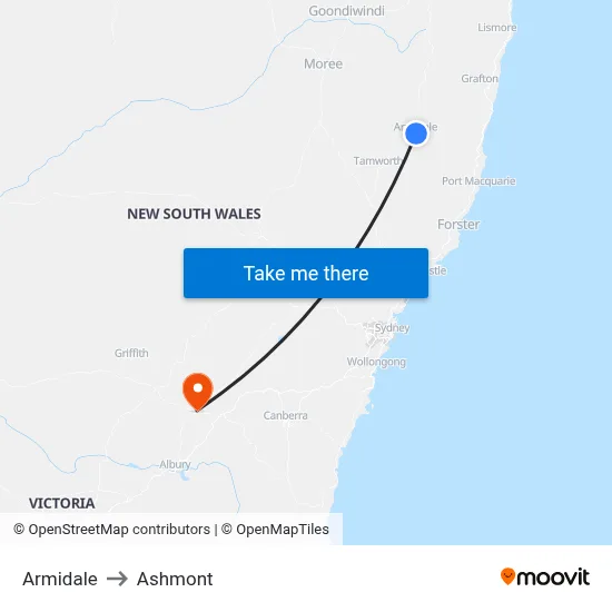 Armidale to Ashmont map