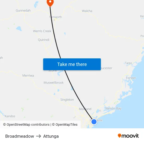 Broadmeadow to Attunga map