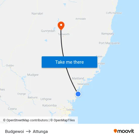 Budgewoi to Attunga map