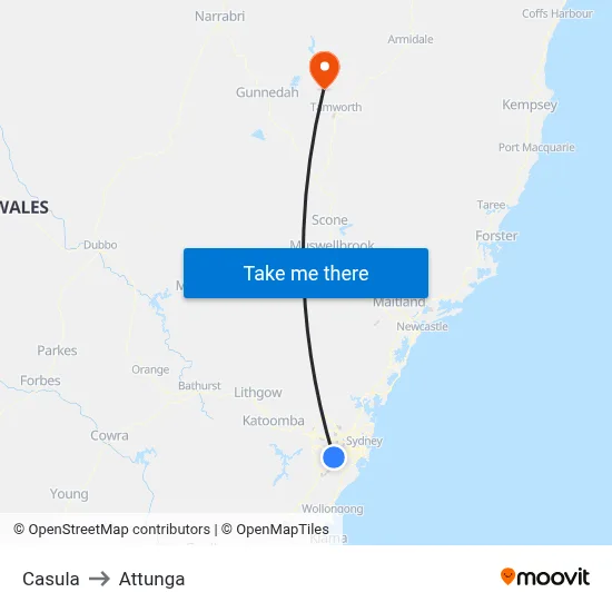 Casula to Attunga map