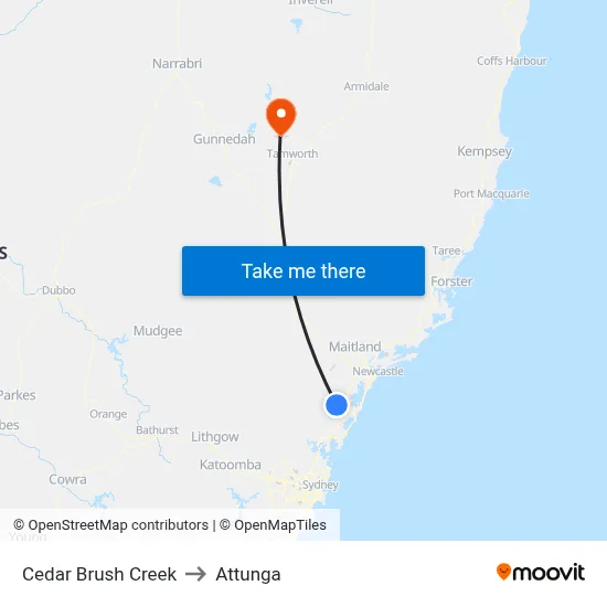 Cedar Brush Creek to Attunga map
