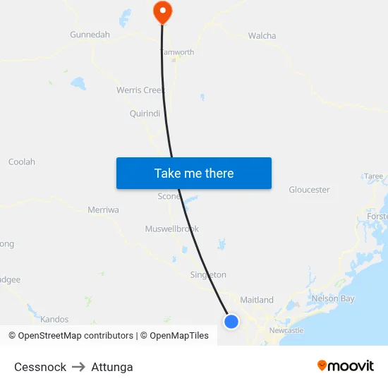 Cessnock to Attunga map