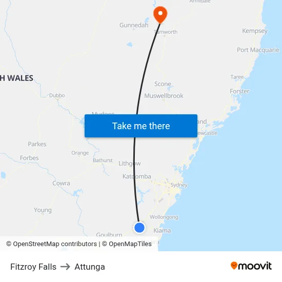 Fitzroy Falls to Attunga map