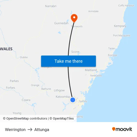 Werrington to Attunga map