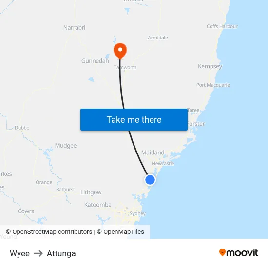 Wyee to Attunga map