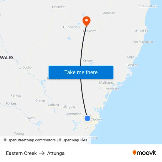 Eastern Creek to Attunga map