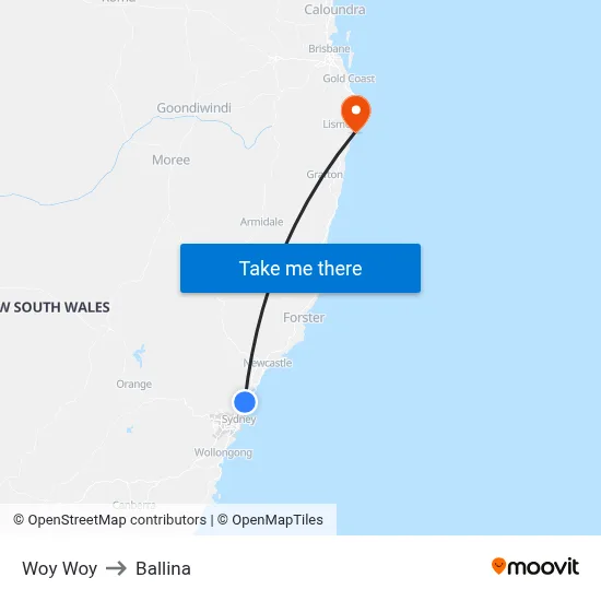 Woy Woy to Ballina map