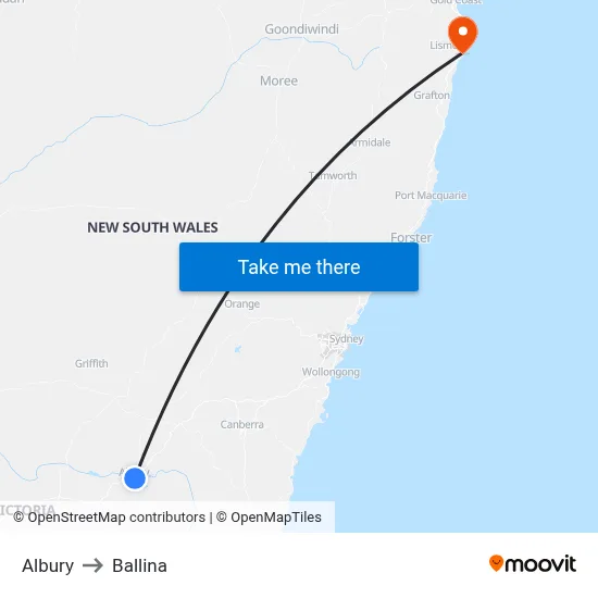 Albury to Ballina map