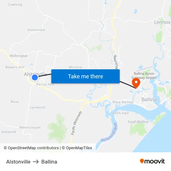 Alstonville to Ballina map