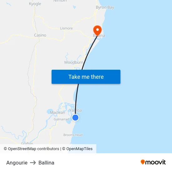 Angourie to Ballina map