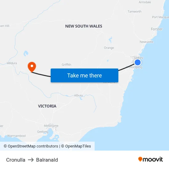 Cronulla to Balranald map