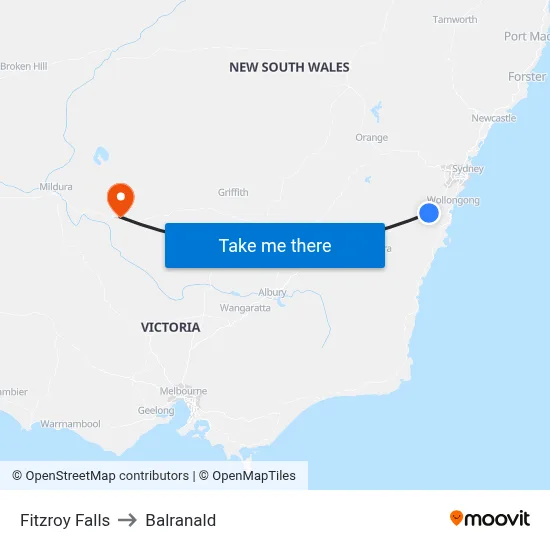 Fitzroy Falls to Balranald map
